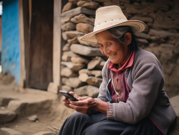 old woman from Colombia using a smartphone for online communication