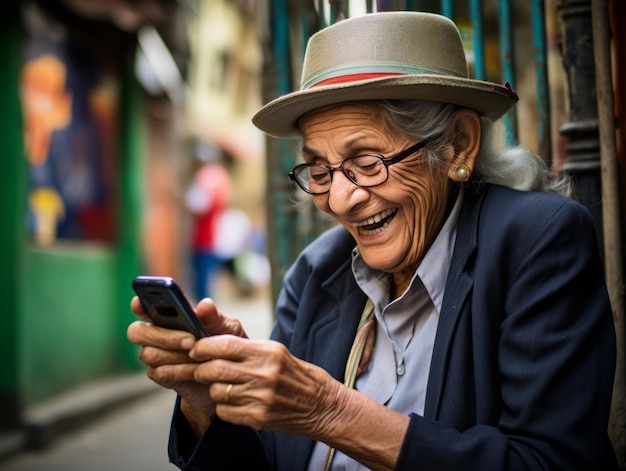 Old woman from colombia using a smartphone for online communication