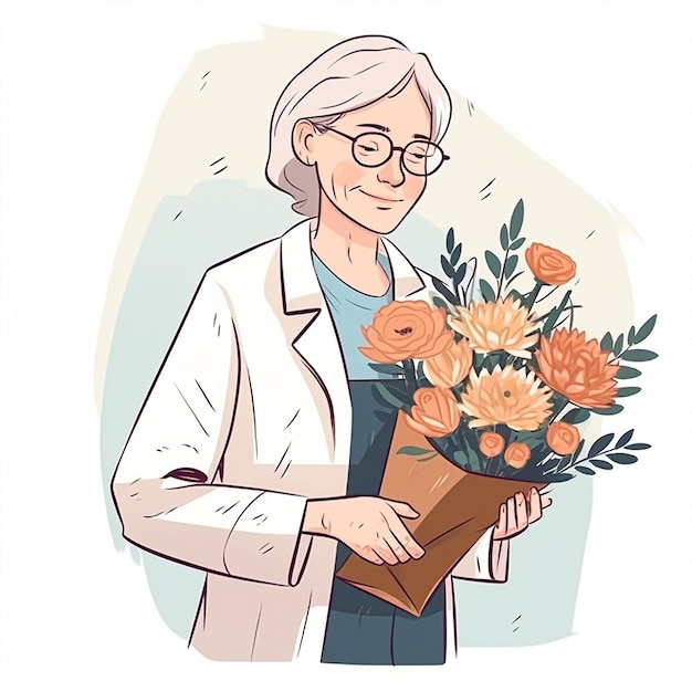 An old woman holding a bouquet of flowers.