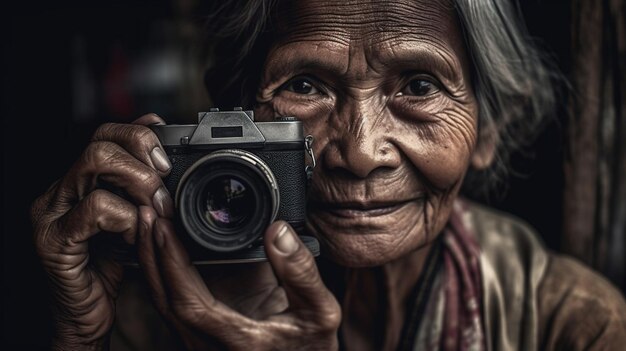 An old woman holding a camera in her hands.