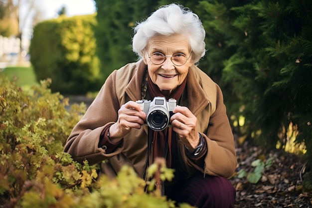 An old woman holding a camera