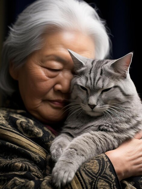 Photo an old woman holding a cat with the eyes closed