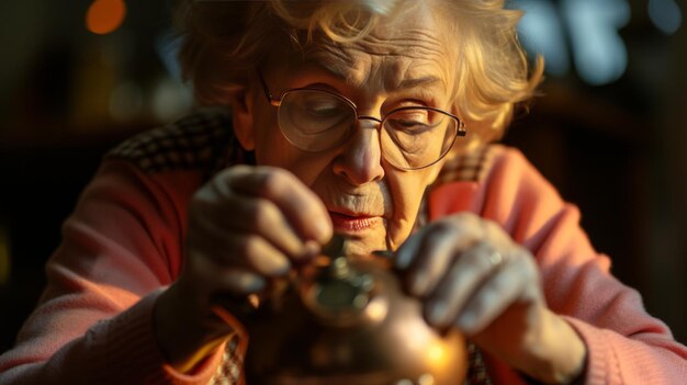 Old woman holding an empty piggy bank lack of savings in old age