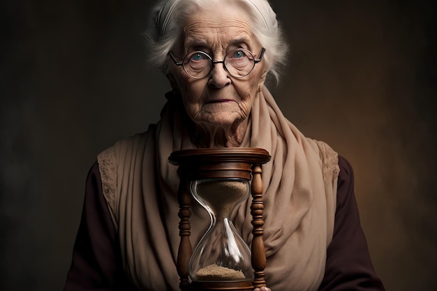 나무 모래시계를 들고 있는 늙은 여자