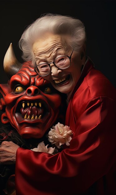 an old woman hugging a devil with a devil face on her back