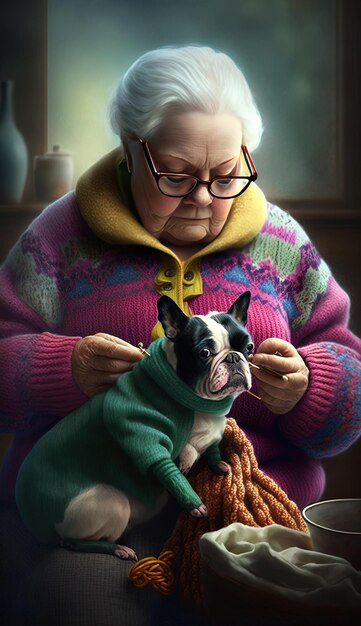Foto una vecchia sta tenendo un cane e indossa un maglione