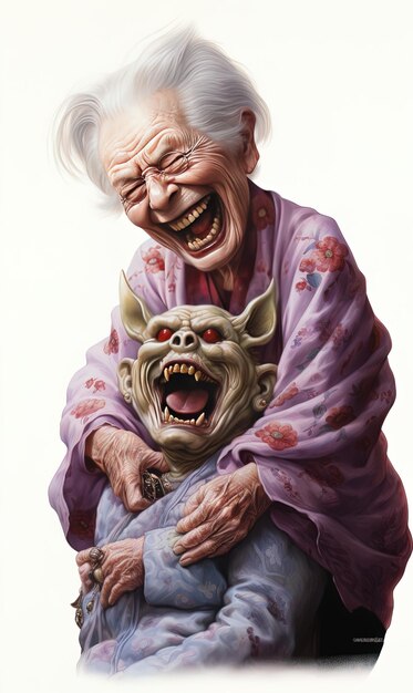 an old woman is hugging a monster with her arms around her