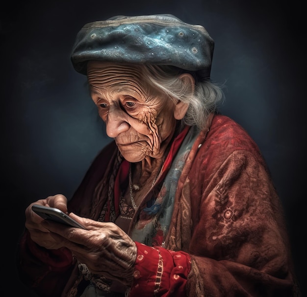 An old woman is looking at a cell phone