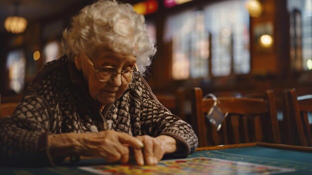 an old woman is looking at a colorful piece of paper