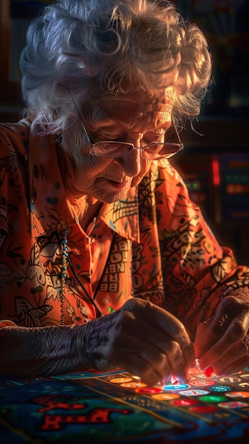 an old woman is looking at a drawing on a table