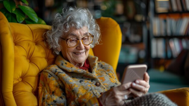 Photo an old woman is looking at a phone and has a screen that says  old  on it