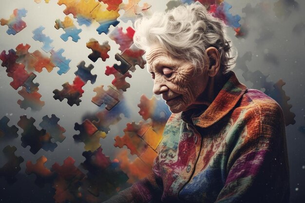 Photo an old woman is looking at a puzzle that has the word puzzle on it