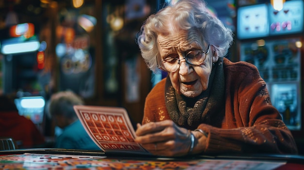 an old woman is playing a card with the date of the year