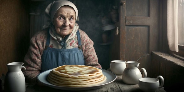 An old woman is sitting in front of a plate of pancakes.
