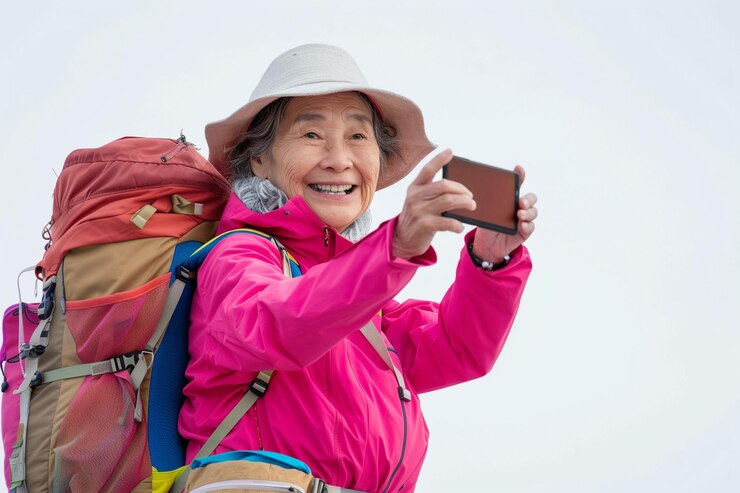 Photo 年配の女性が携帯電話で写真を撮っている