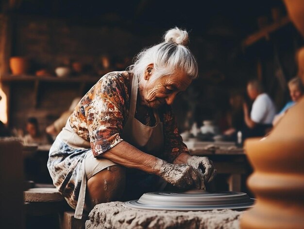 Foto una vecchia sta lavorando alla ceramica in un negozio di ceramica