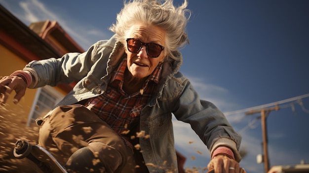 Old woman jumping with a skateboard Generative Ai