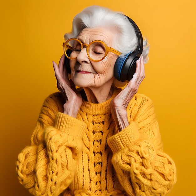 Old woman listening music