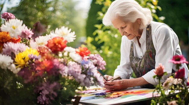 Old woman painting watercolors in a garden blooming with spring flowers