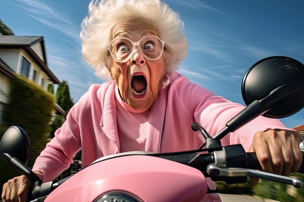 Old woman in panic driving a pink scooter