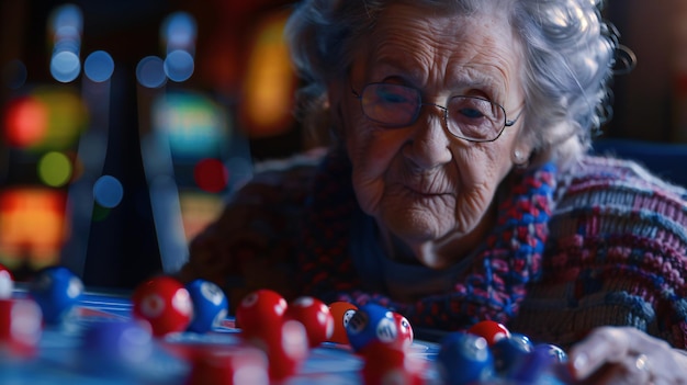 Photo an old woman playing a game of red and blue balls