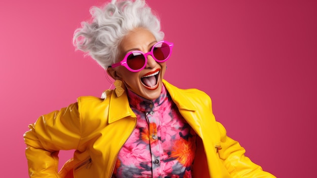 The old woman posing in front of a pink background with her colorful clothes challenges old age