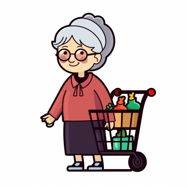 an old woman pushing a shopping cart with groceries generative ai