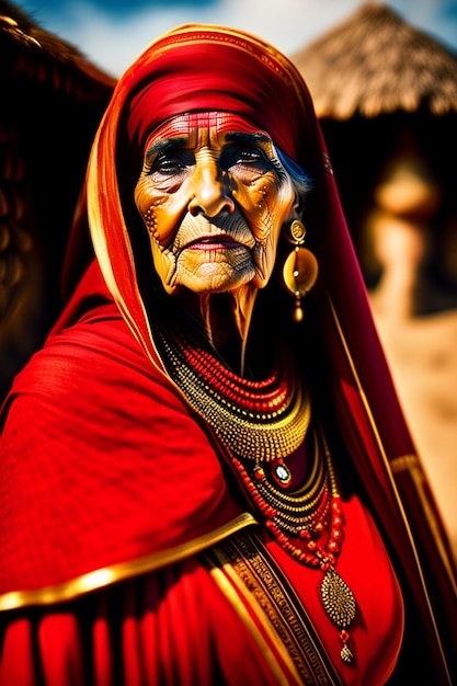 Old woman red and gold clothes