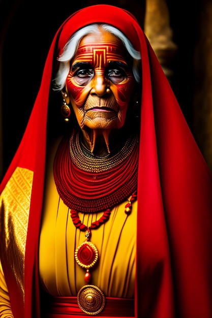늙은 여자 빨간색과 금색 옷