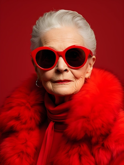 Foto una vecchia donna con una giacca rossa di lana che indossa occhiali da sole su uno sfondo chiaro
