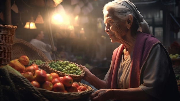 An old woman selling fruit at a market