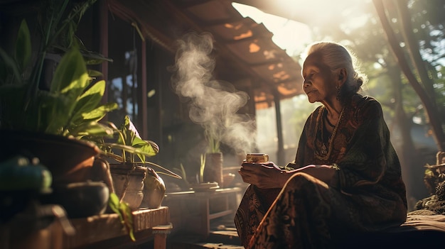 Photo an old woman sits in a chair with a cup of hot tea