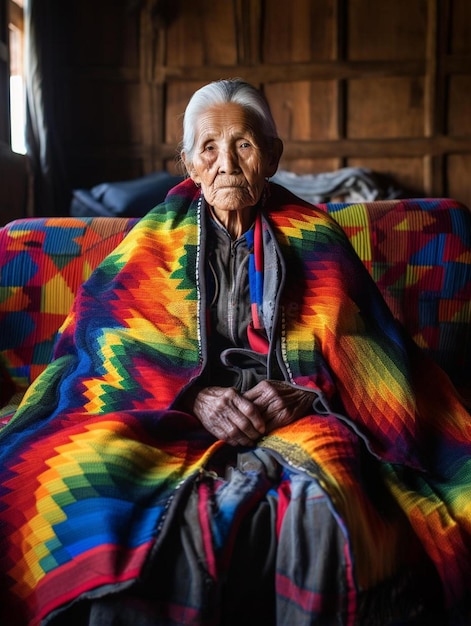 Photo an old woman sits on a couch with a rainbow colored blanket