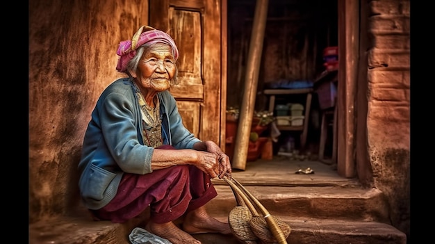 An old woman sits in front of a wooden door with a hat on her head.