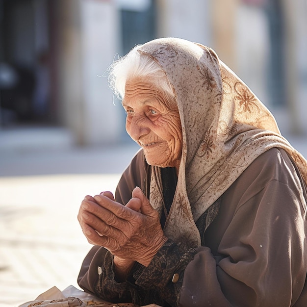 Photo an old woman sitting on a bench with her hands clasped