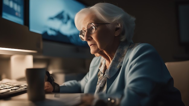 Пожилая женщина, сидящая за компьютером, не знает, что делать, в ее глазах наступают смущенные панические слезы.