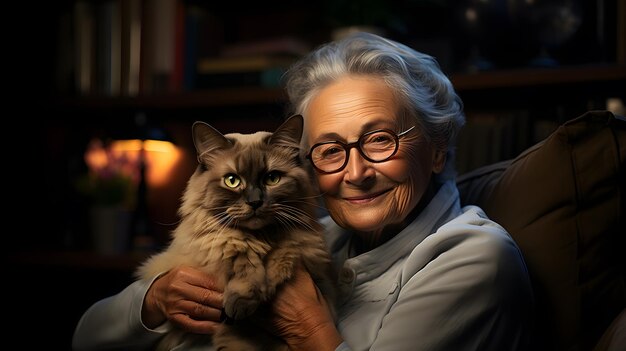 Old woman sitting on the couch holding her beloved majestic looking cat lovely scene