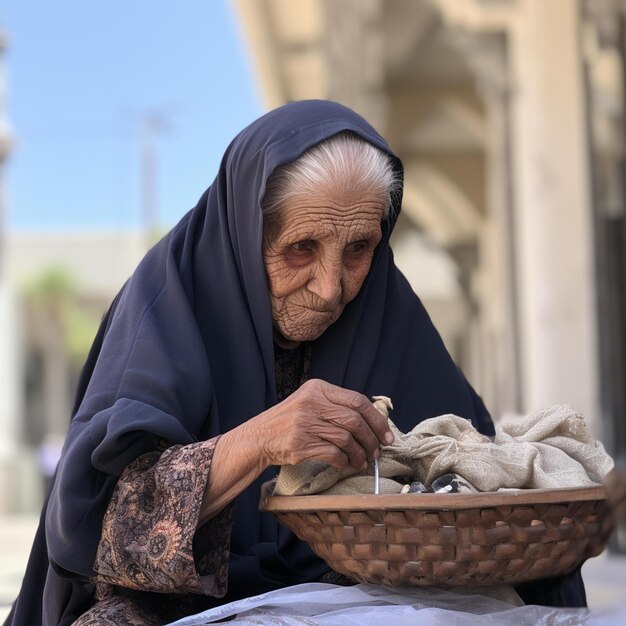 Photo an old woman sitting down with a basket of cloth