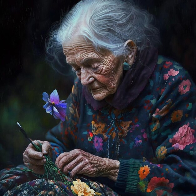 An old woman sitting down with a flower in her hand generative ai