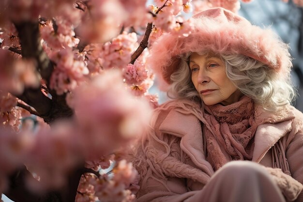 Old woman sitting in springtime park with blooming trees with pink flowers