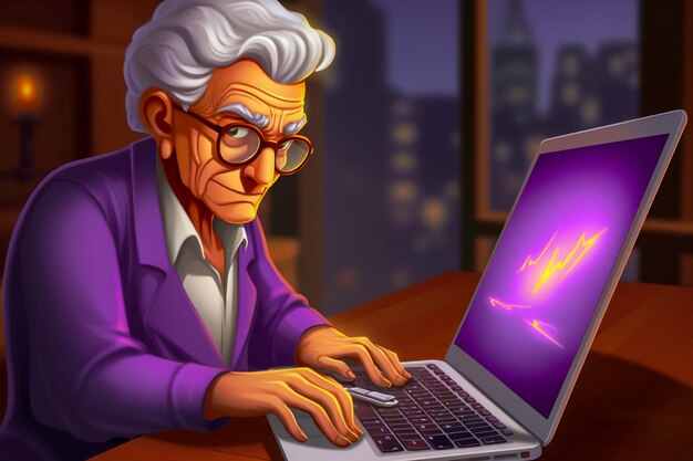 An old woman sitting at a table using a laptop computer