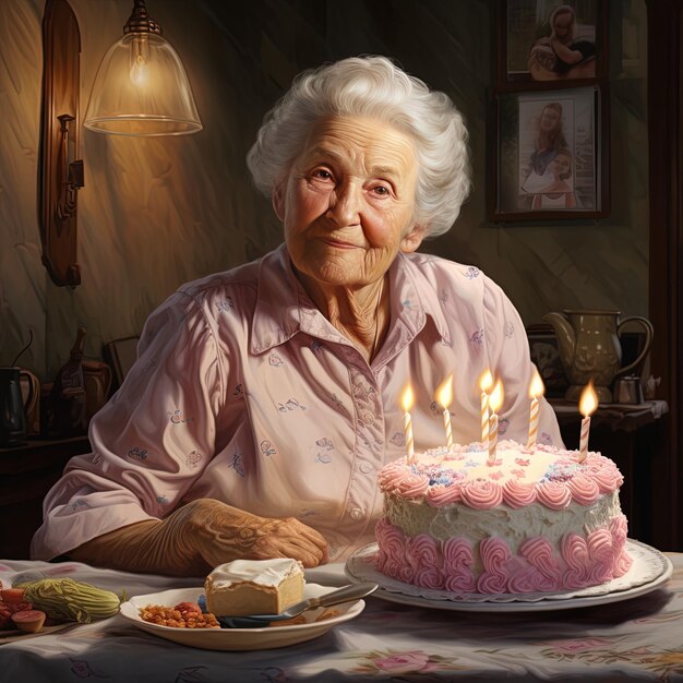 Photo an old woman sitting at a table with a cake with lit candles