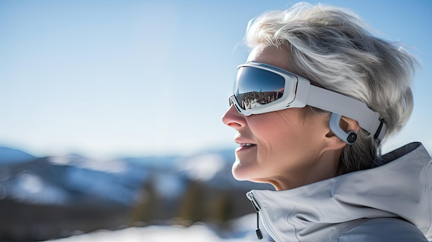 スキーゴーグルと装備を着た老婦人は晴れた冬の山の風景を背景に横に眺めます