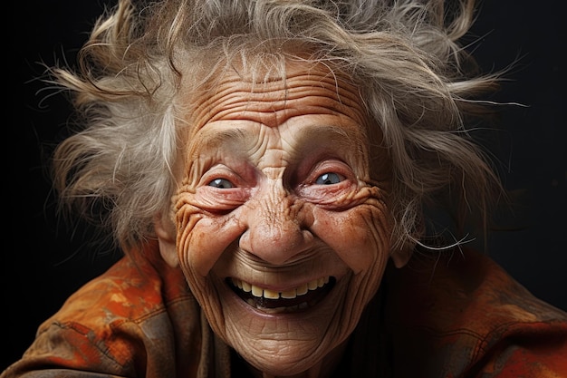 an old woman smiling with nice hair