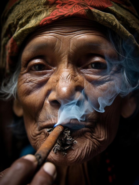 Photo an old woman smoking a cigar with a cigarette in her mouth