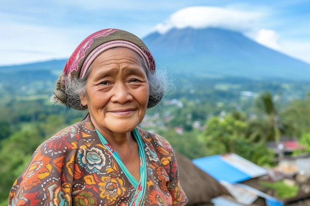 an old woman standing in front of a mountain