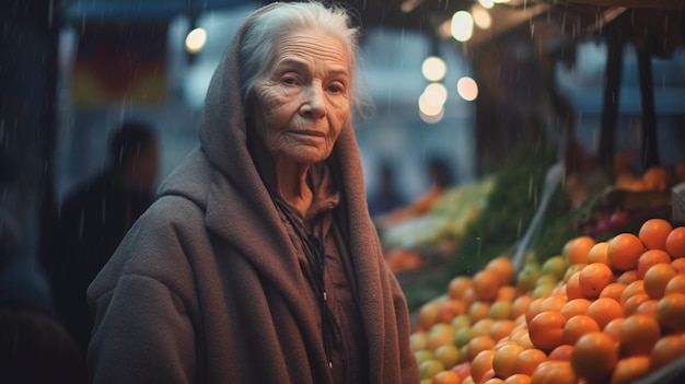 An old woman stands in front of a fruit stand.