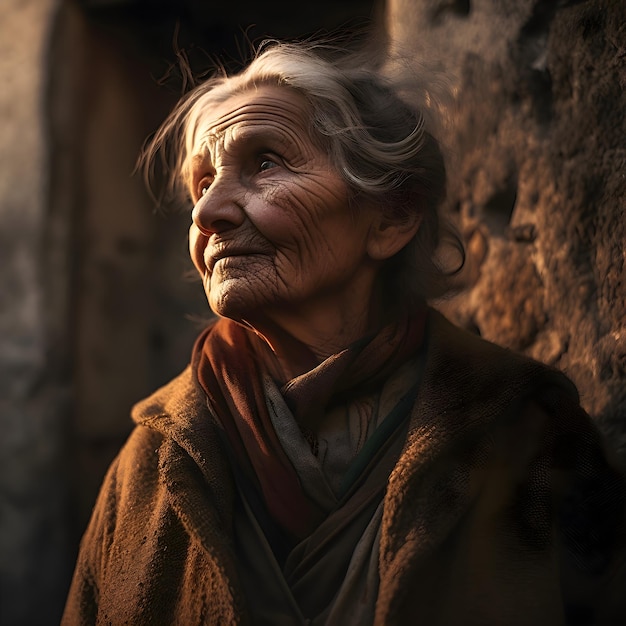 An old woman stands in front of a stone wall.