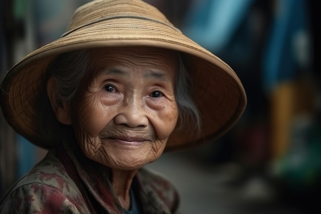 An old woman in a straw hat sits on a street in vietnam