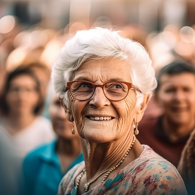 Old woman on a sunny day crowd photo realistic